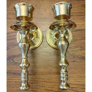 HOLLYWOOD REGENCY Bright Set of 2 ~~ BRASS Wall Mount Candle Sconces abt 9" Tall